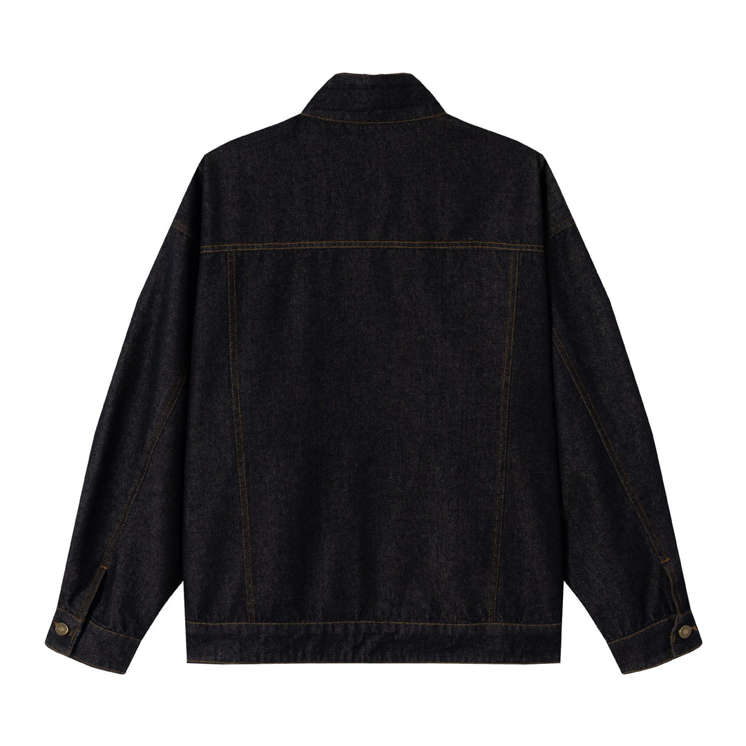 Unisex Oversized Denim Jacket with Funnel Neck and Decorative Chest Flap Mune Fashion