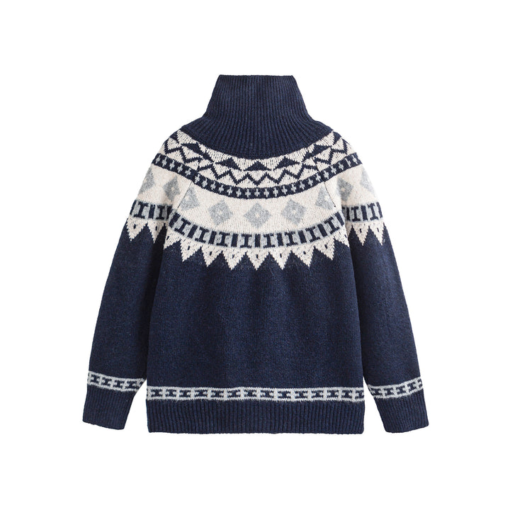 Women's Norwegian pattern knitted cardigan with high stand collar and toggle closures Mune Fashion