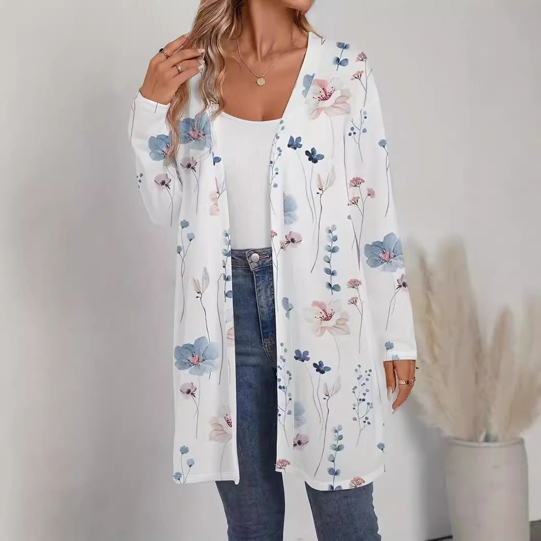 Ladies Floral Longline Cardigan with Open Cut and Light Viscose Mix Mune Fashion
