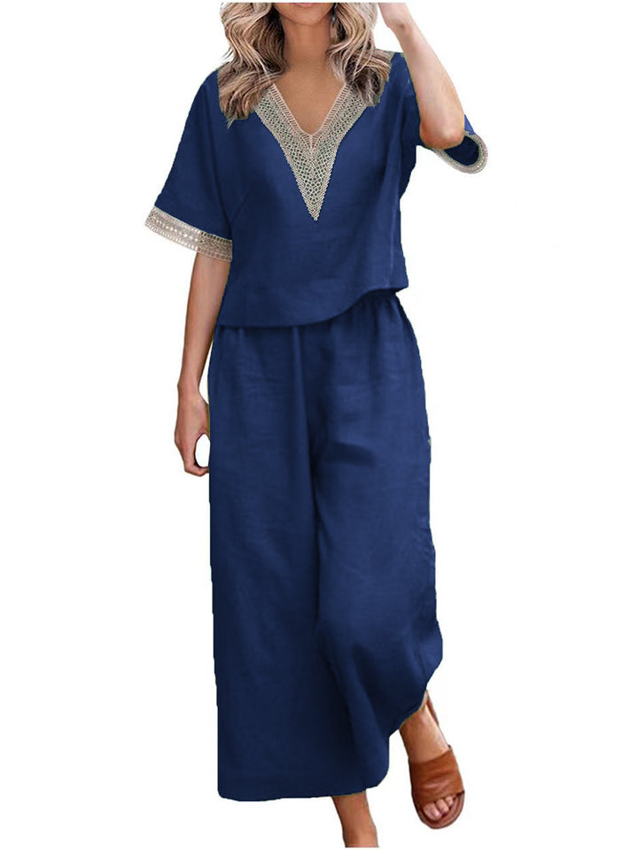 Ladies Fashionable Two-Piece Set with V-Neck and Decorative Accents Mune Fashion