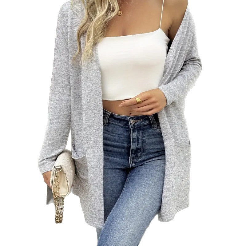 Women's Open Fine Knit Cardigan with Hip-Length Silhouette and Pockets Mune Fashion