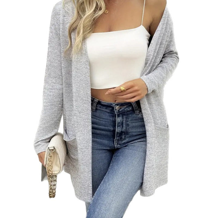 Women's Open Fine Knit Cardigan with Hip-Length Silhouette and Pockets Mune Fashion
