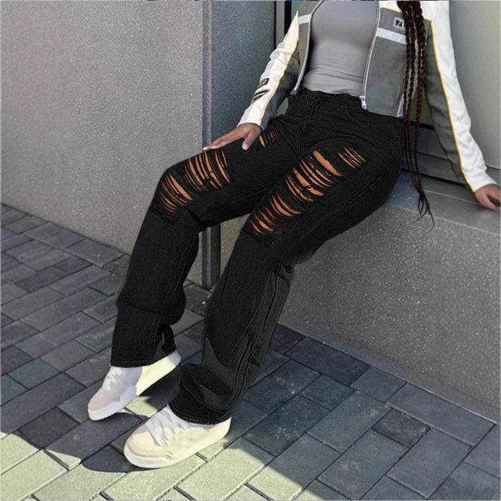 Women's high-cut wide denim jeans with pronounced ripped details and a casual fit Mune Fashion