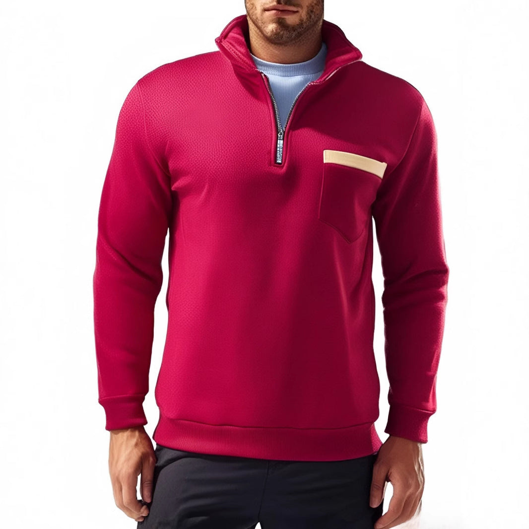 Men's finely structured half-zip fine knit pullover with stand-up collar, chest pocket, and slim silhouette Mune Fashion