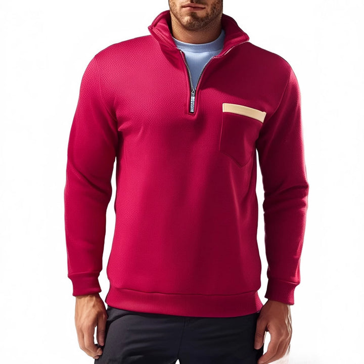 Men's finely structured half-zip fine knit pullover with stand-up collar, chest pocket, and slim silhouette Mune Fashion
