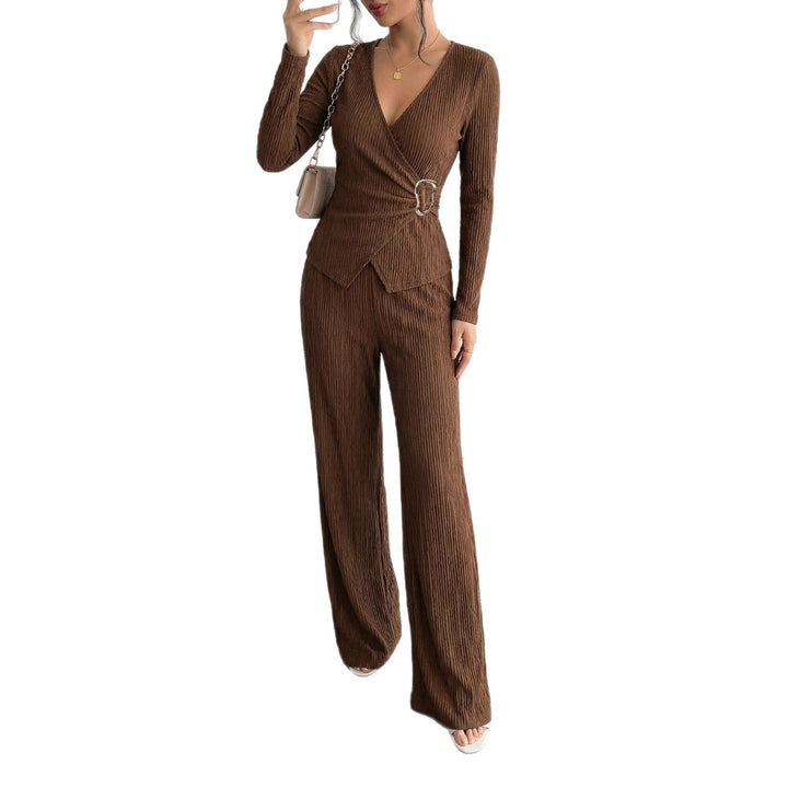 Women's tailored wrap two-piece with decorative buckle and wide pant leg Mune Fashion