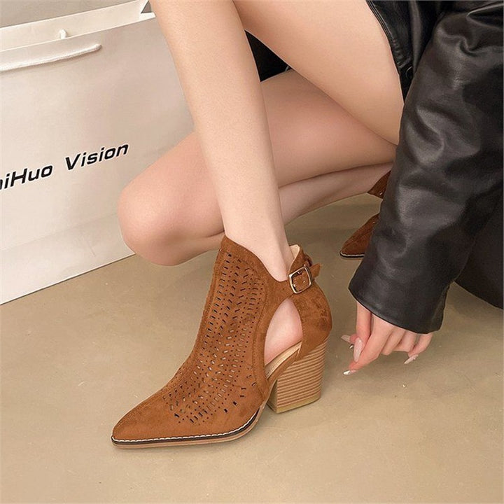 Women’s suede ankle boots with laser perforation, pointed toe shape and adjustable heel strap Mune Fashion