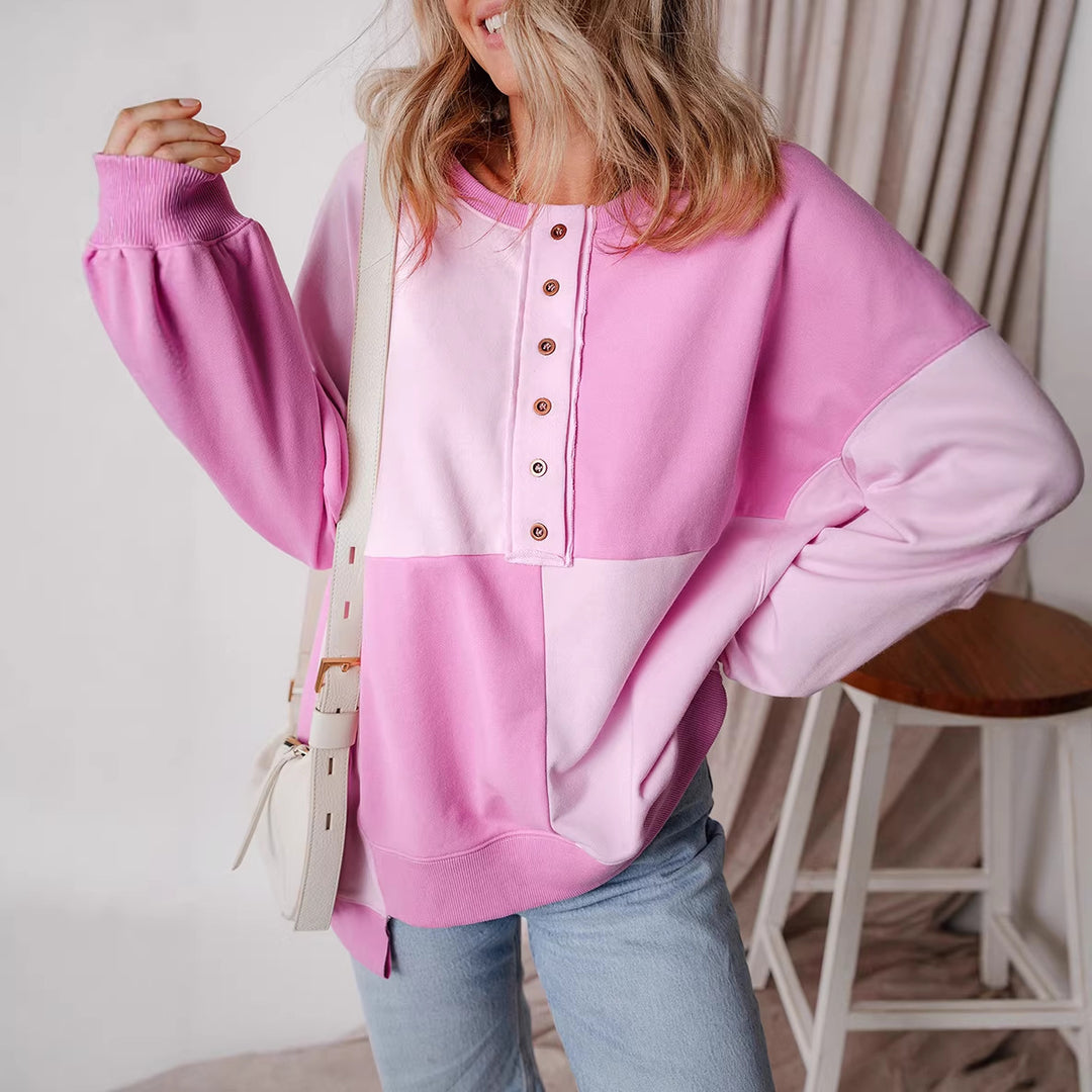 Women's Oversized Long Sleeve Sweatshirt in Colorblock with Henley Button Placket and Balloon Sleeves Mune Fashion