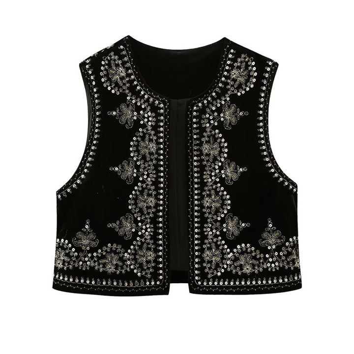 Women Embroidered Velvet Cropped Vest with Bead and Sequin Trim Mune Fashion
