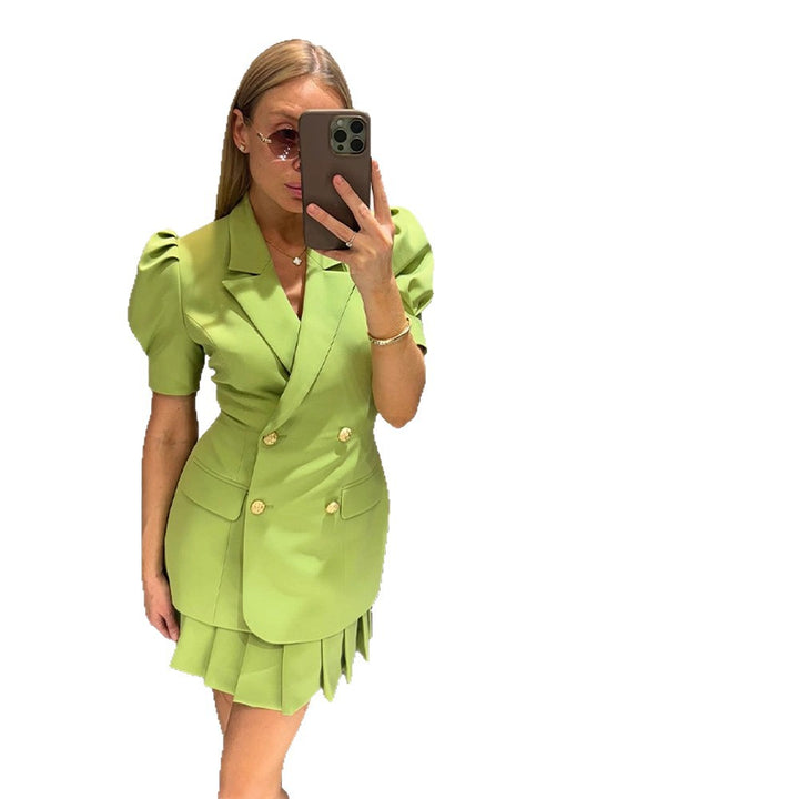 Women Double-Breasted Blazer Dress with Puff Sleeves and Pleated Hem Mune Fashion