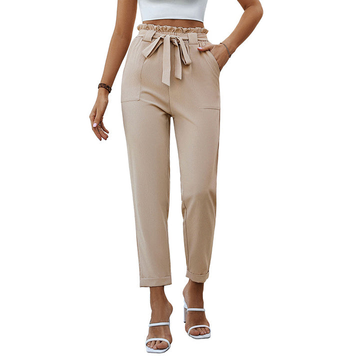 Women's Lightweight Paperbag Pants with Elastic Waistband, Tied Belt and Patch Pockets Mune Fashion