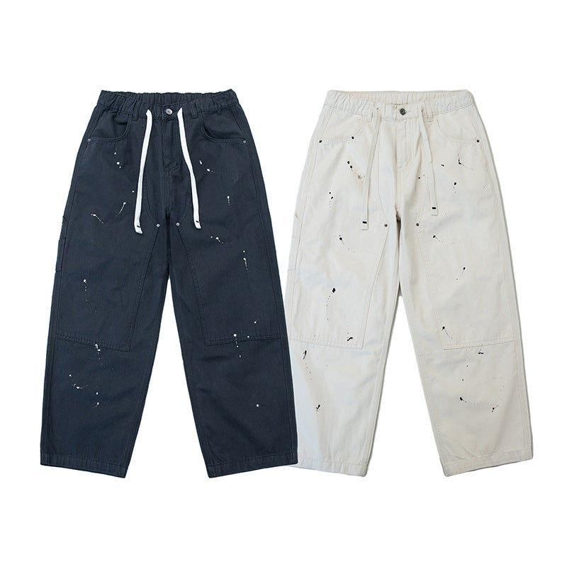 Unisex Wide Canvas Pants with Elastic Waistband, Drawstring, and Paint Splatter Details Mune Fashion