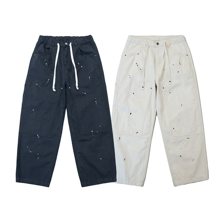 Unisex Wide Canvas Pants with Elastic Waistband, Drawstring, and Paint Splatter Details Mune Fashion