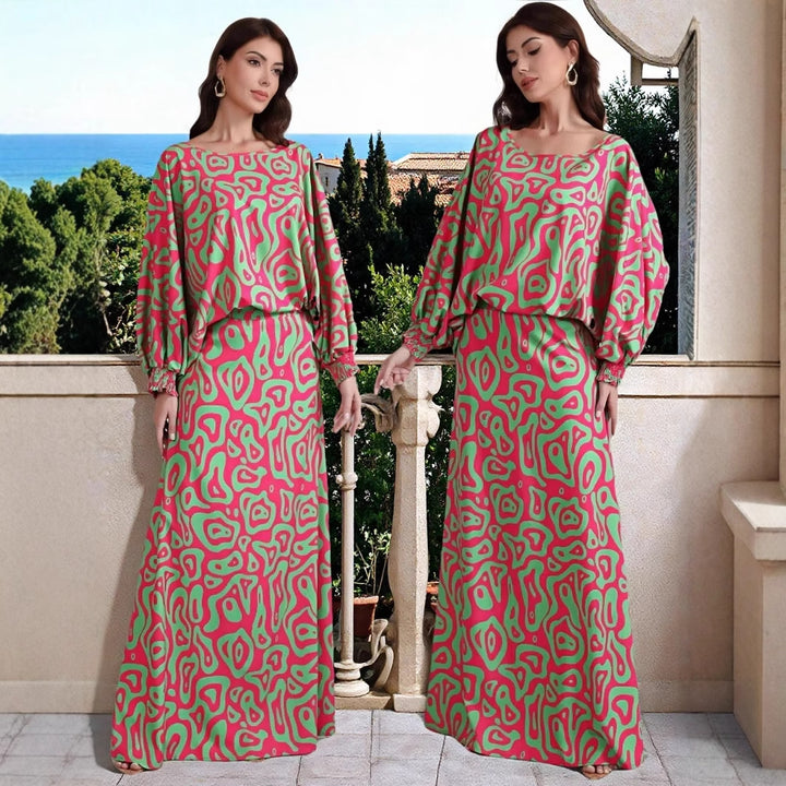 Women's Two-Piece Maxi Skirt Set with Wide A-Line Skirt & Balloon-Sleeved Oversized Top Mune Fashion