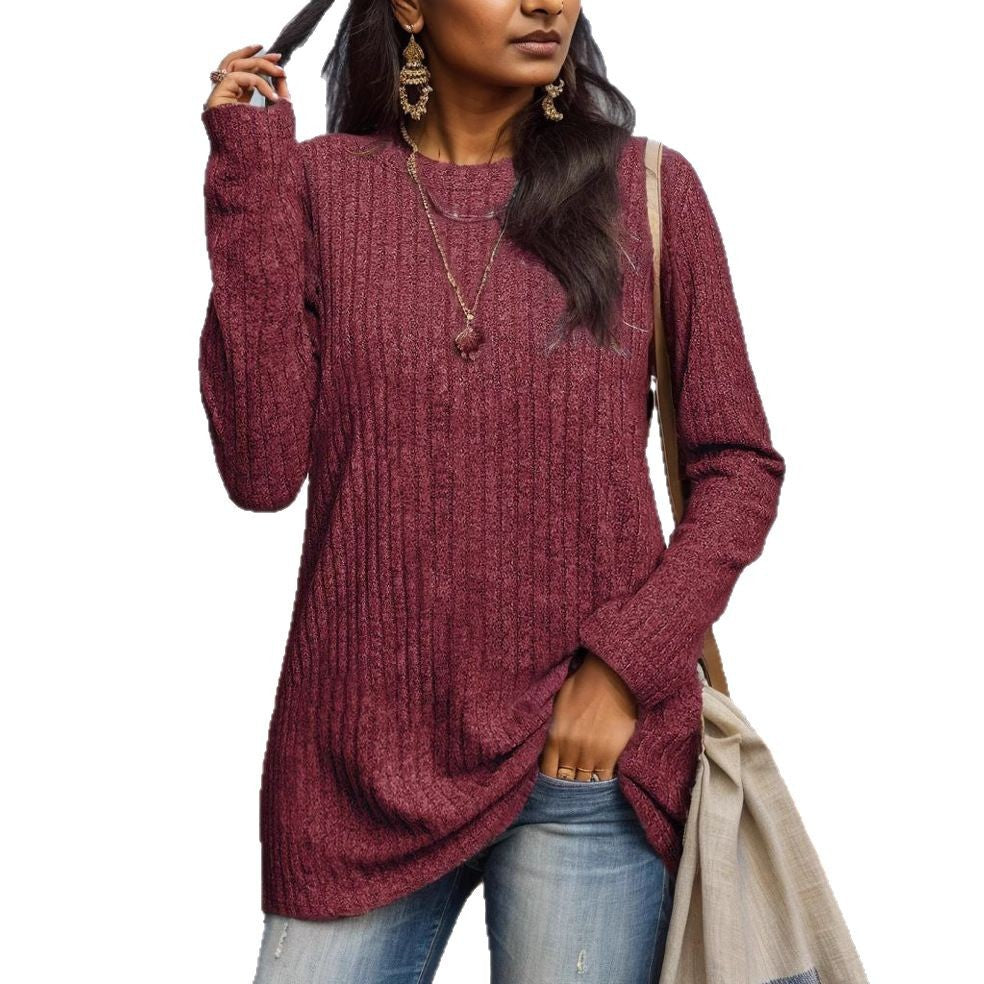 Women's ribbed fine knit long sleeve with round neckline and asymmetrical hem Drune