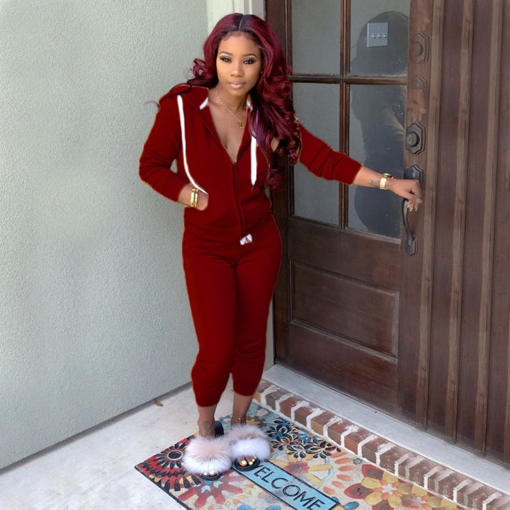 Ladies fitted hooded sweatdress set with zipper and snug jogging pants Mune Fashion