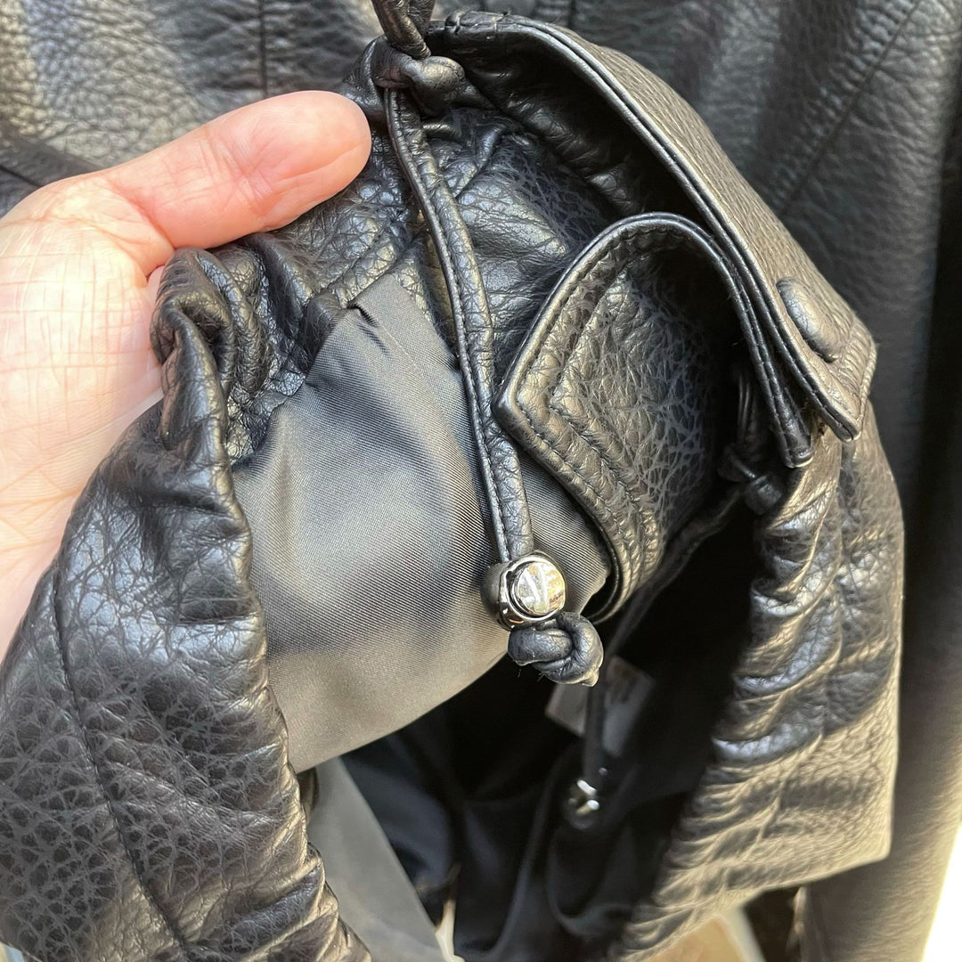 Women Short Leather Jacket with textured grain, stand-up collar, and drawstring waistband Mune Fashion
