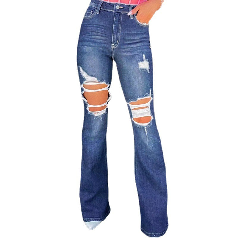 Women's nan high waist jeans with flared leg and heavy distressing at the knees Mune Fashion