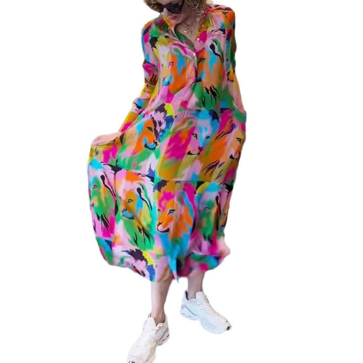 Women's shirt dress maxi dress with pop art lion print, button placket and side pockets Mune Fashion