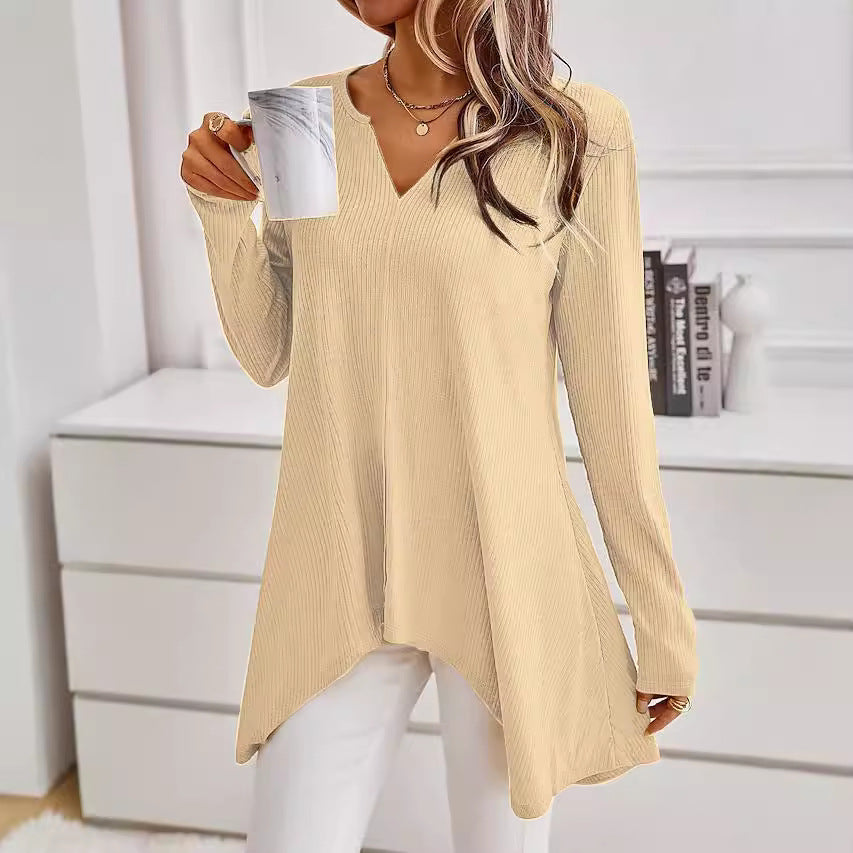 Women's Ribbed Long Sleeve Tunic with V-Neck and Asymmetrical Shark Hem Mune Fashion