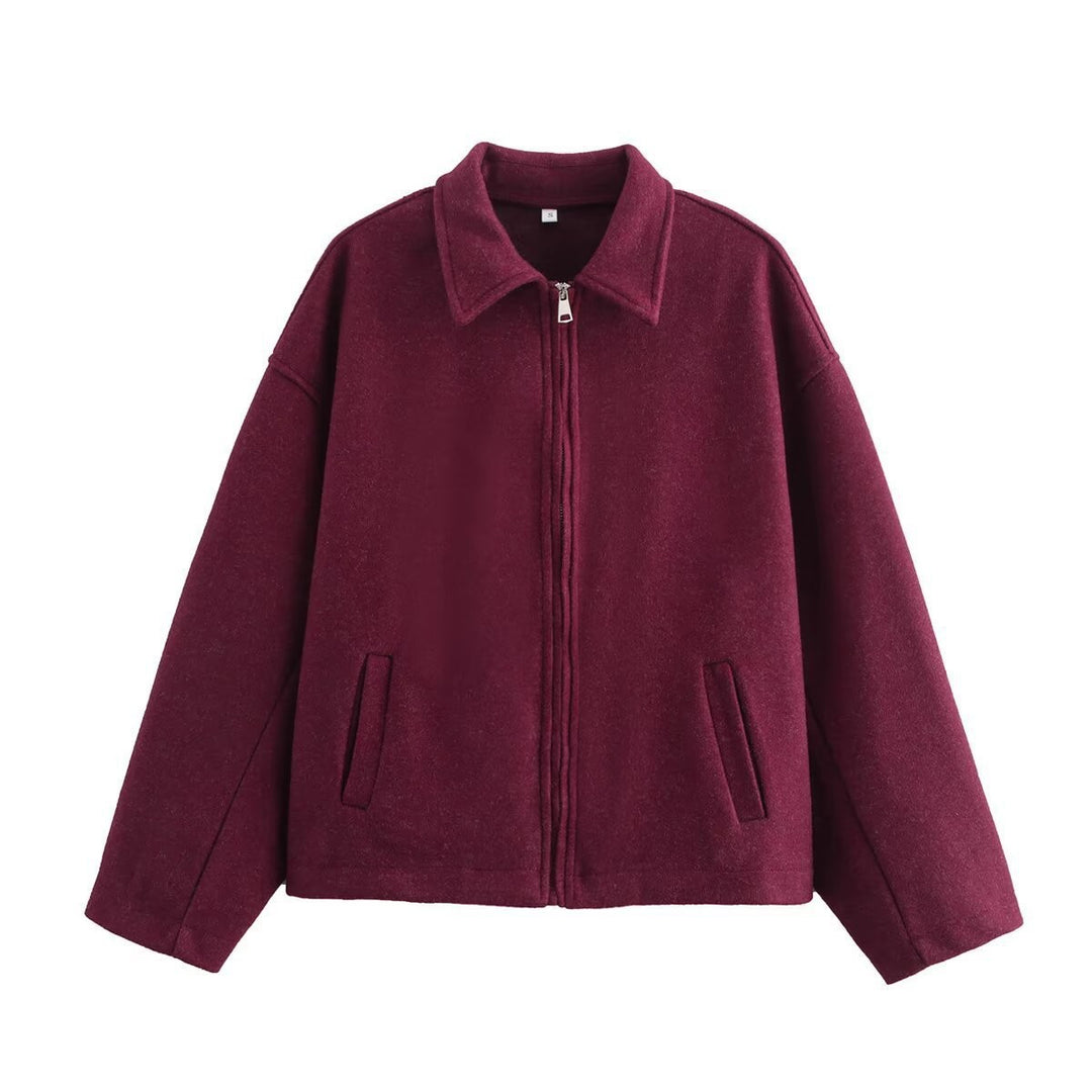 Women's short stylish wool blend bomber with shirt collar and hidden zipper Mune Fashion
