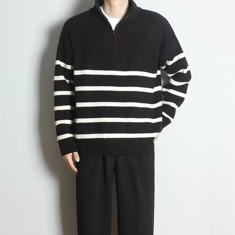 Men's chunky knit sweater with zipper and stripes Mune Fashion