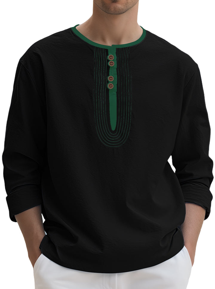 Men's loosely cut long sleeve kurta top with decorative pleats and wooden button placket Mune Fashion