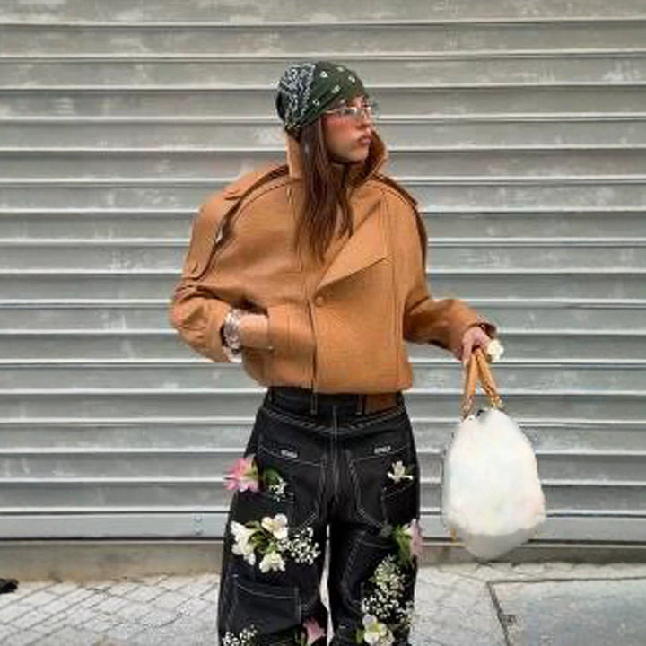 Ladies Cropped Oversized Jacket made of textured synthetic leather with a high stand-up collar Mune Fashion