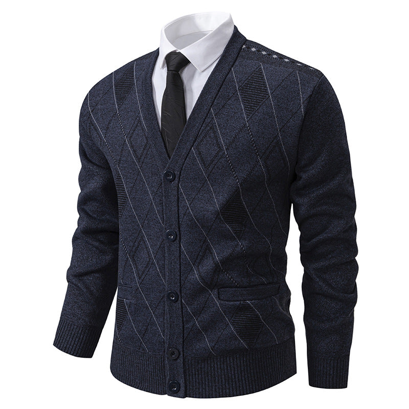 Men's fine diamond-pattern knit cardigan with V-neck, button placket, and front pockets Mune Fashion
