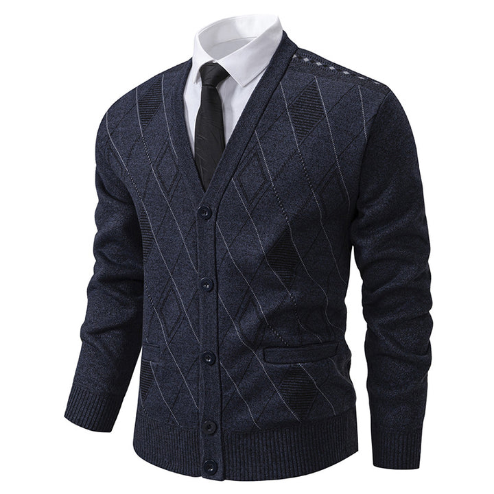 Men's fine diamond-pattern knit cardigan with V-neck, button placket, and front pockets Mune Fashion