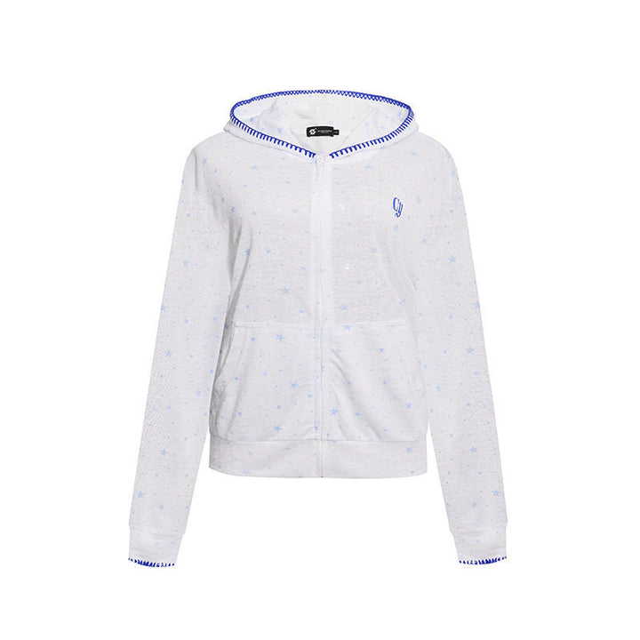 Women's Lightweight Hooded Zip Cardigan with Allover Stars and Decorative Stitching
