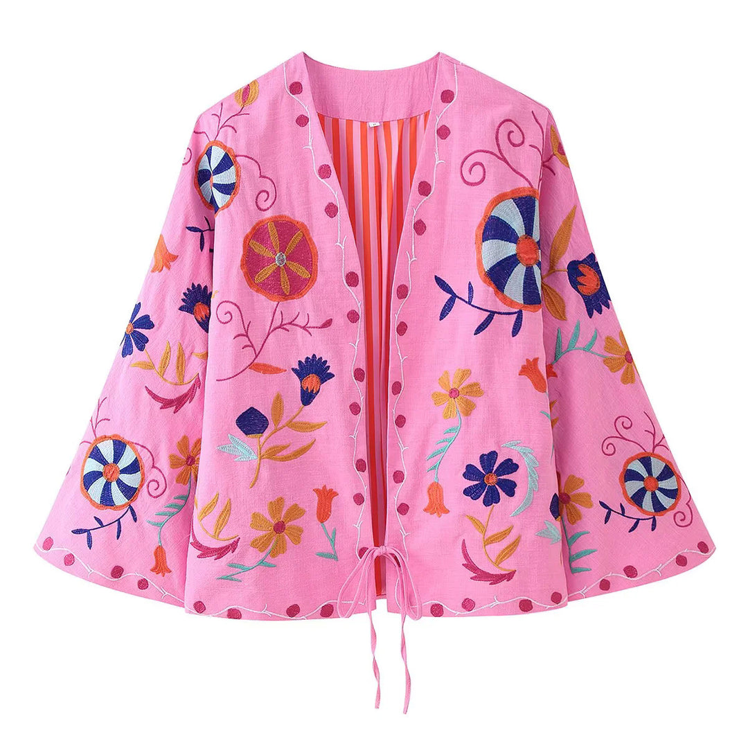 Women nan lightweight embroidered cotton kimono jacket in Boho style with tie belt Mune Fashion