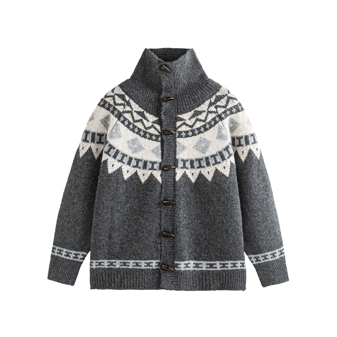 Women's Norwegian pattern knitted cardigan with high stand collar and toggle closures Mune Fashion