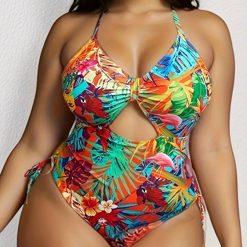 Women's One-Piece Swimsuit with Exotic Cut and Colorful Tropical Design Mune Fashion