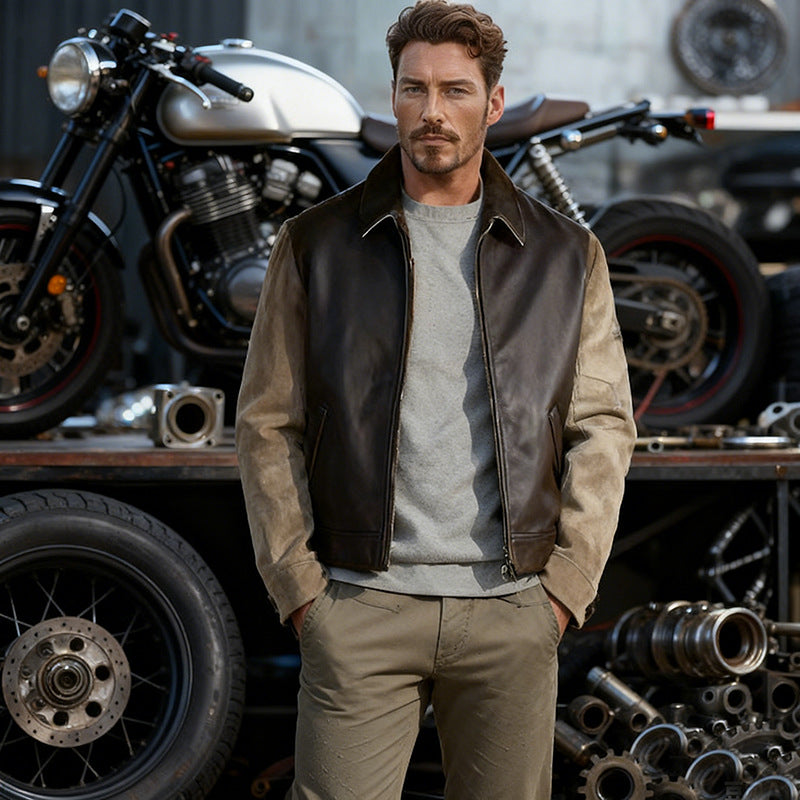 Men's leather jacket with cord sleeves, shirt collar and full zip Mune Fashion