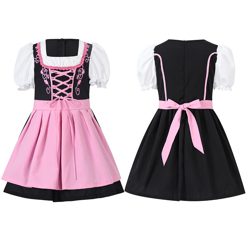 Ladies traditional Dirndl dress with laced bodice, puff sleeves and removable apron Mune Fashion
