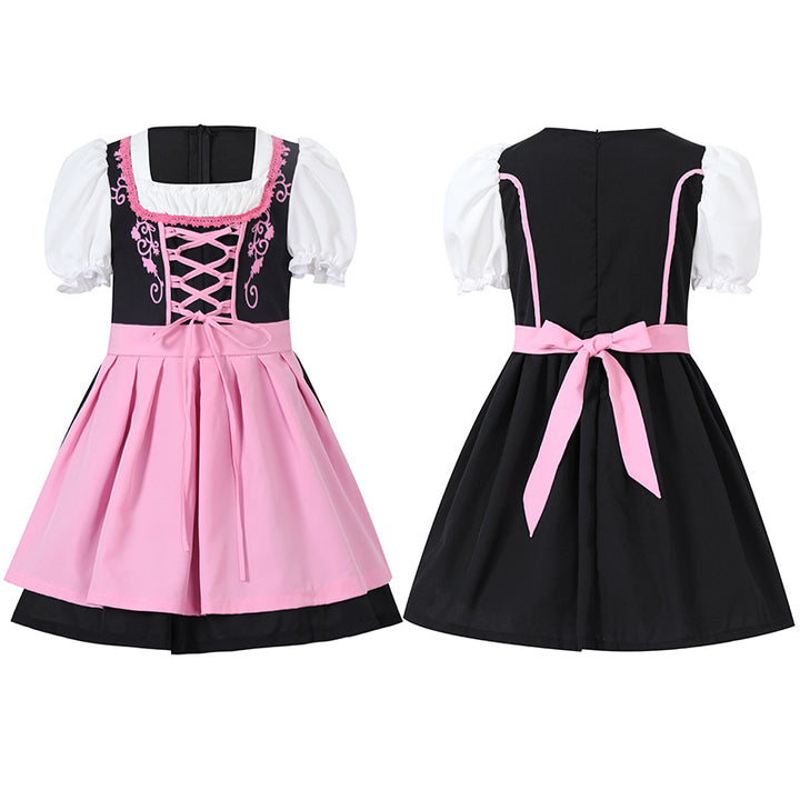 Ladies traditional Dirndl dress with laced bodice, puff sleeves and removable apron Mune Fashion