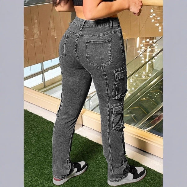 Women’s cargo denim pants with multiple flap pockets, knee panels, and high-waisted fit Mune Fashion