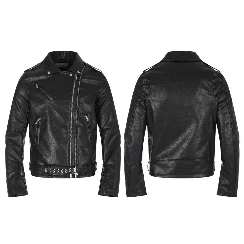 Men's biker jacket in leather look with asymmetrical zipper, studded waist belt and zip sleeves Mune Fashion
