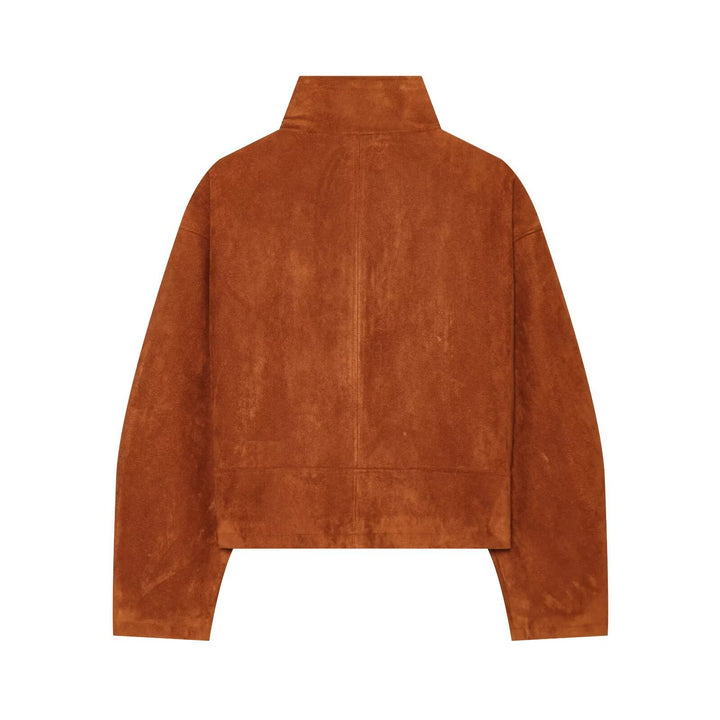 Women's Short-cut Suede Blouson with Stand Collar and Zipper Drune