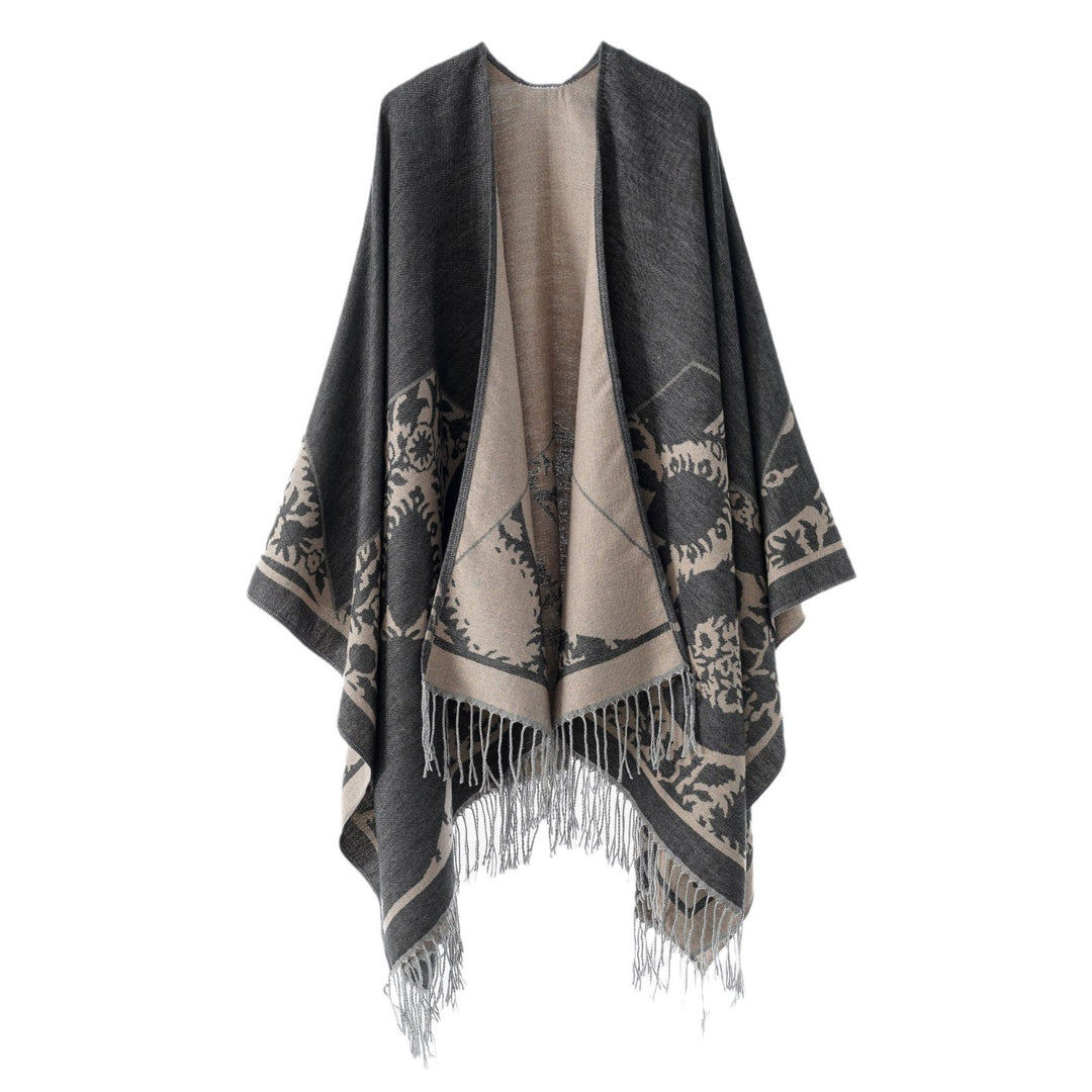 Women's Reversible Fine Knit Poncho with Jacquard Pattern and Fringed Hem Mune Fashion