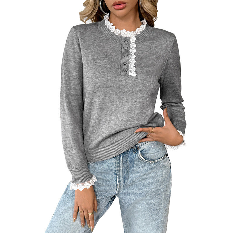 Ladies Fine Knit Sweater with Lace Collar, Henley Button Placket and Ribbed Cuffs Mune Fashion