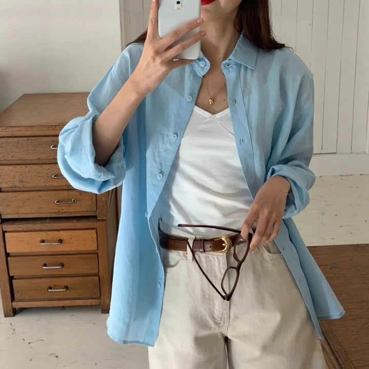 Women's Casual Oversized Shirt Blouse with Boxy Silhouette and Roll-Up Sleeves Mune Fashion