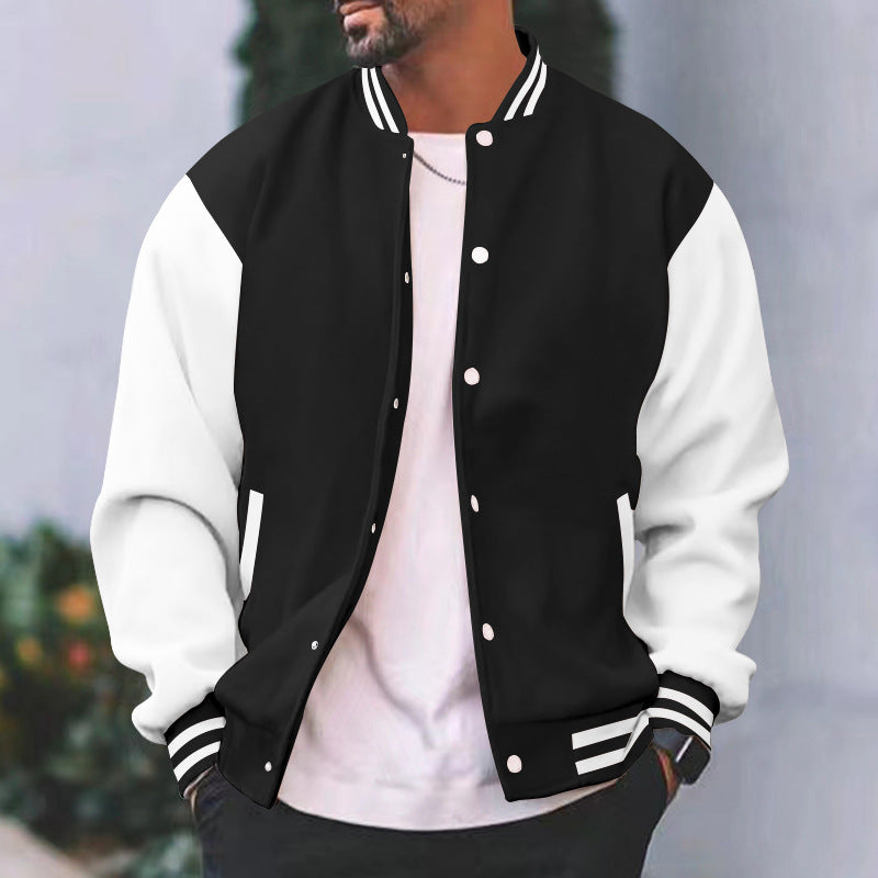 Men's nano varsity college jacket in retro bomber style with contrast sleeves, striped ribbed cuffs and snap button placket Mune Fashion