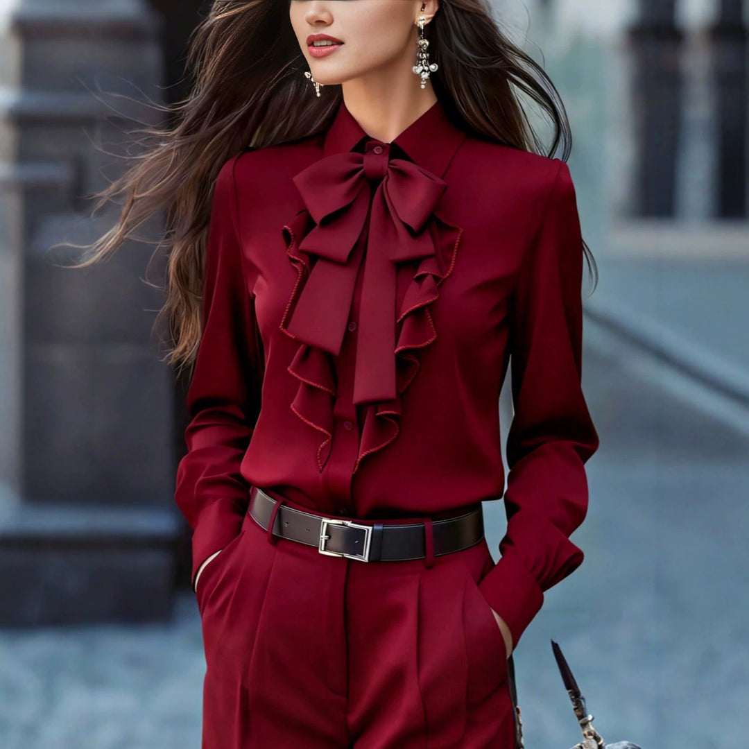 Women's Ruffled Blouse with Bow Collar and Ruffle Front Mune Fashion