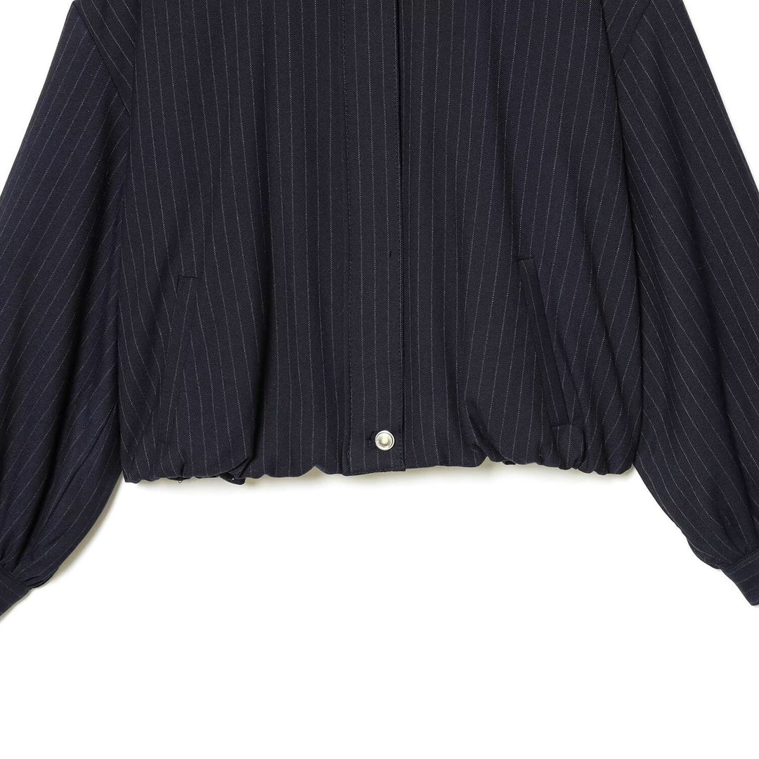 Ladies Short Pinstripe Blouson Jacket with Stand Collar, Balloon Sleeves and Elastic Hem Mune Fashion