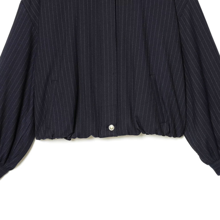 Ladies Short Pinstripe Blouson Jacket with Stand Collar, Balloon Sleeves and Elastic Hem Mune Fashion