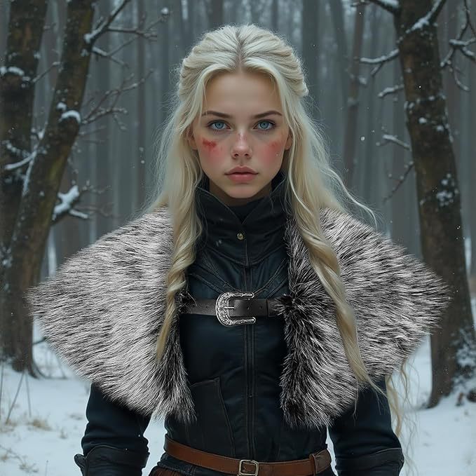 Ladies' coat cape made of faux fur with large shoulder collar and decorative buckle appliqué Mune Fashion