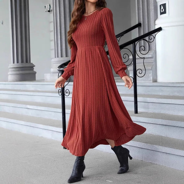 Women's Ribbed Midi Dress with Tailored Cut and Long Balloon Sleeves Mune Fashion