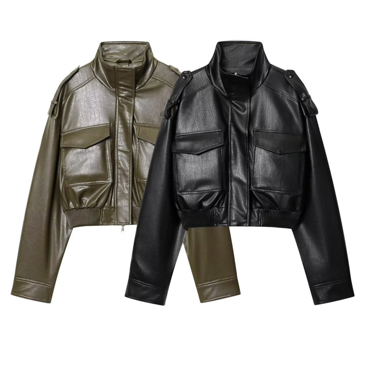 Women's short cut blouson jacket made of vegan leather with shoulder flaps and flap pockets Mune Fashion